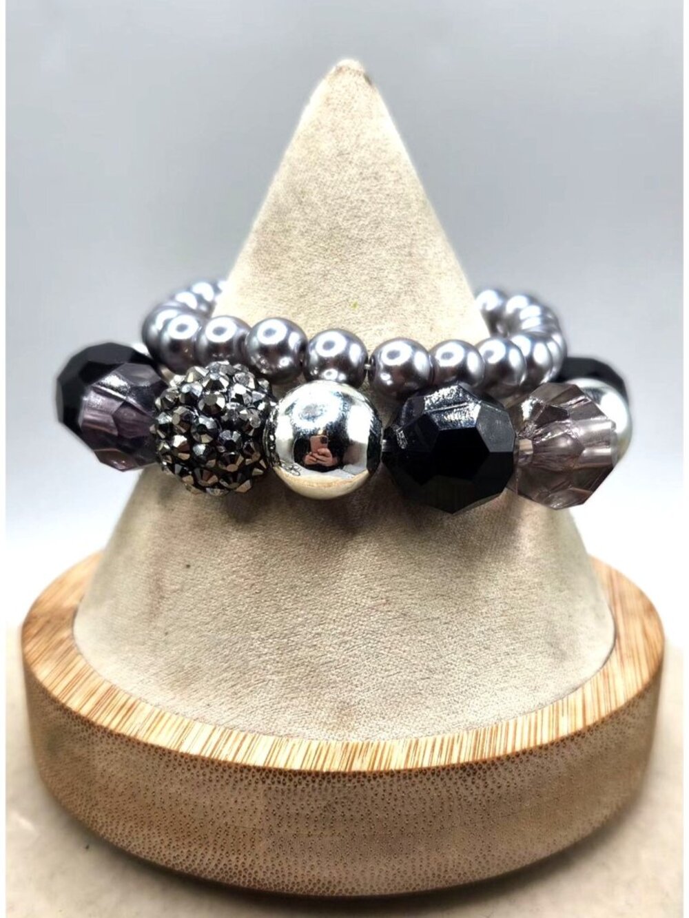 Stretch Bracelet Set With Silver Black & Gray Beads Rhinestone Accents